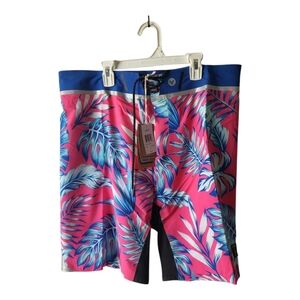 Vast Men's Pink and Blue Tropical Leaf Print Board Shorts Size 36 New